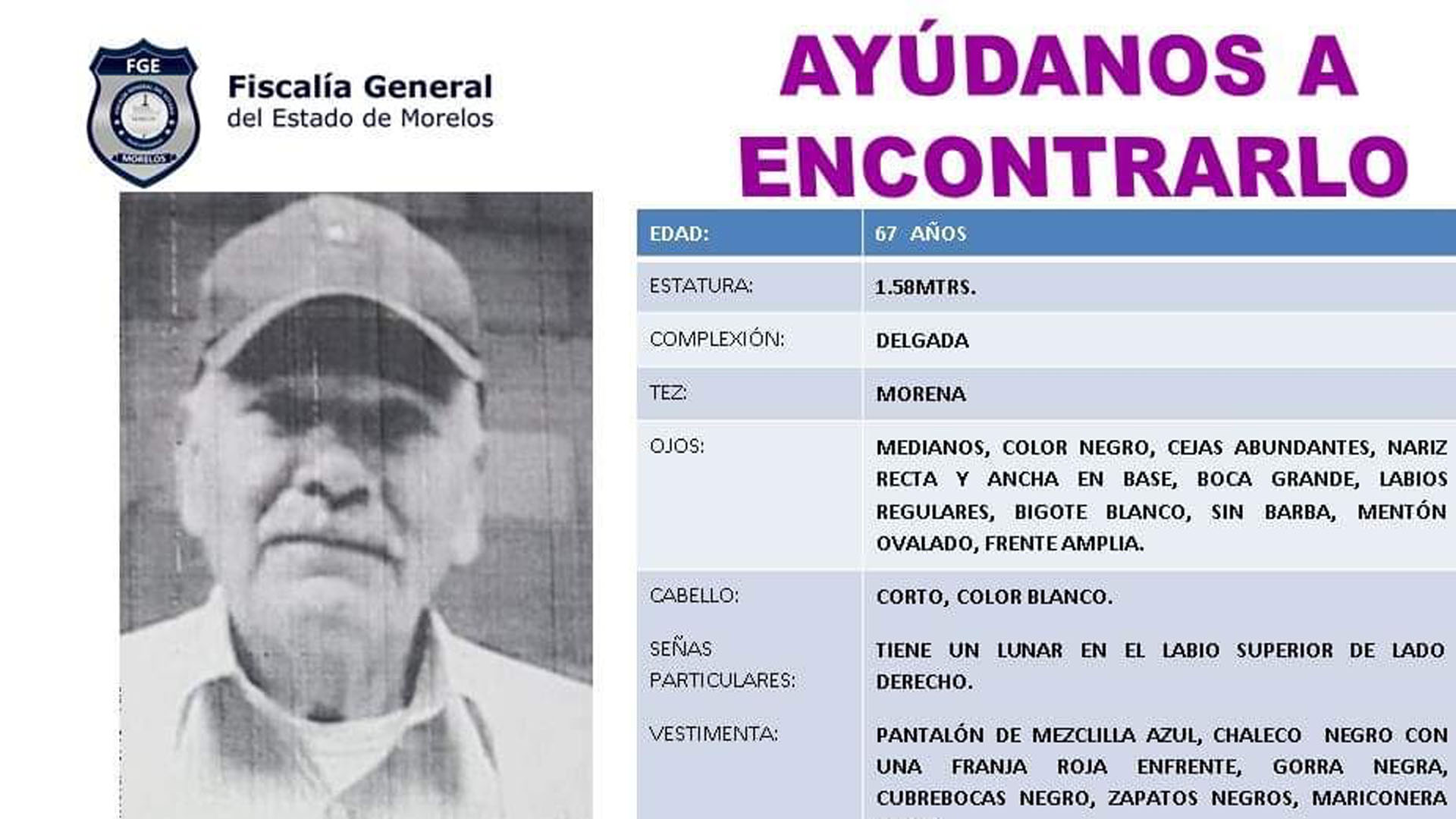 BUSCAN A ADULTO MAYOR DESAPARECIDO EN CUAUTLA