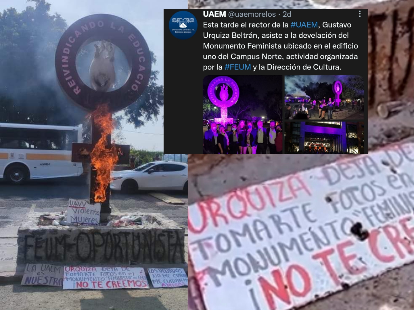 FEMINISTAS QUEMAN MONUMENTO FEMINISTA QUE COLOCÓ LA UAEM