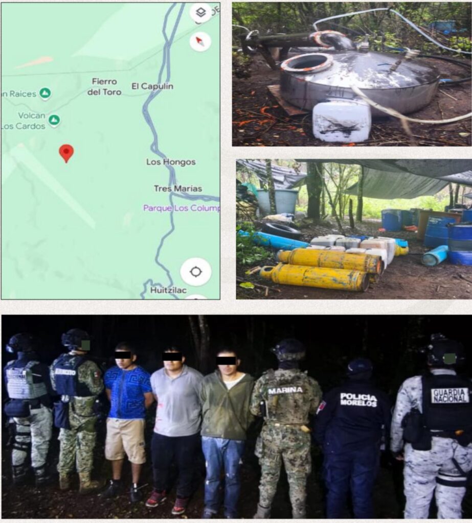 Decomisaron químicos, metanfetamina y detuvieron a tres personas, en el narcolaboratorio en Huitzilac.