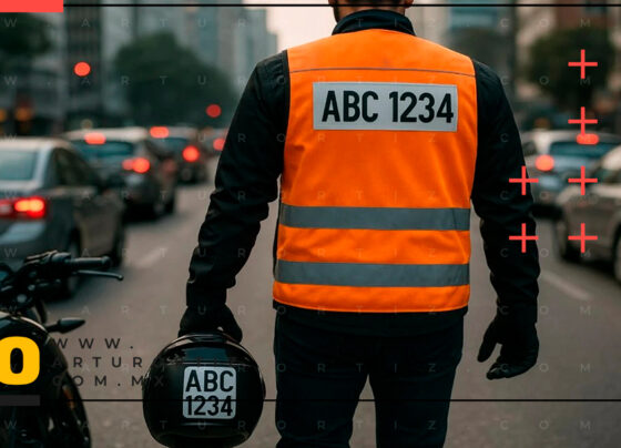 Motociclistas con Chaleco y casco con número de placa