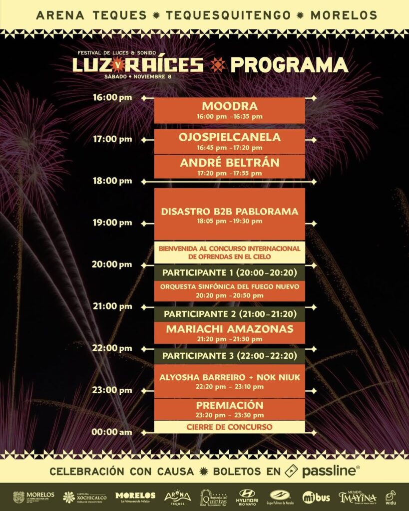 Horario y actividades del Festival Luz y Raíces en la Arena Teques 08 de noviembre de 2025.
